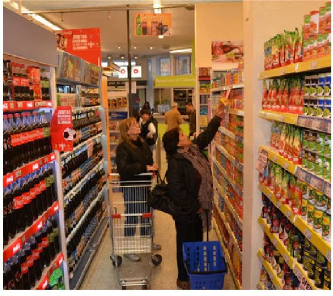 Góndolas del supermercado con clientes